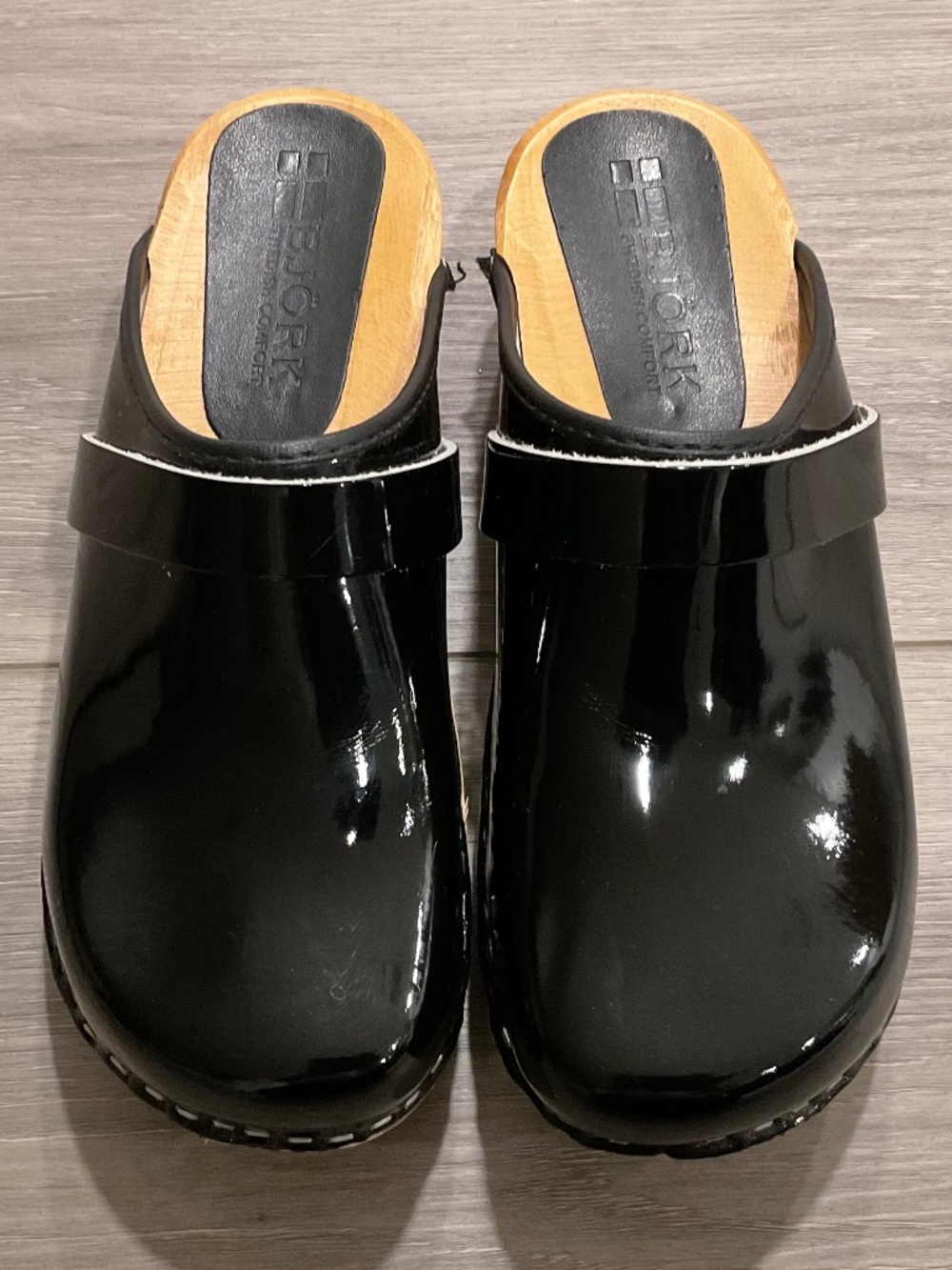 BJORK Maja Wood Leather Clogs Black Patent Leather EU39 U.S. 8-8.5 LIKE NEW - Picture 2 of 10
